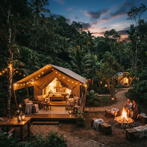 Glamping safari canvas tents surrounded by flora