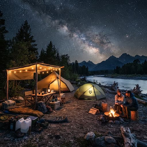 Illuminated dome tents by the river at dusk