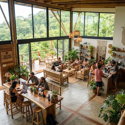 Cozy social communal lounge in nature hostel